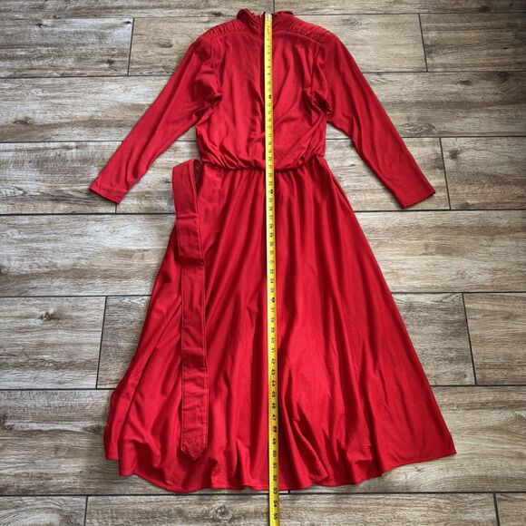 Vintage 80s Red Dress Women's 12 Belted Long - Picture 7 of 16